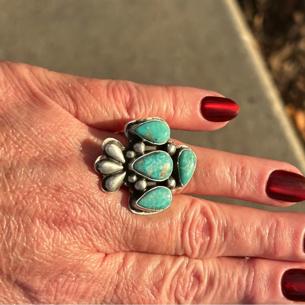 Russell Sam Native American White Water Turquoise Sterling Statement Ring - Picture 11 of 14